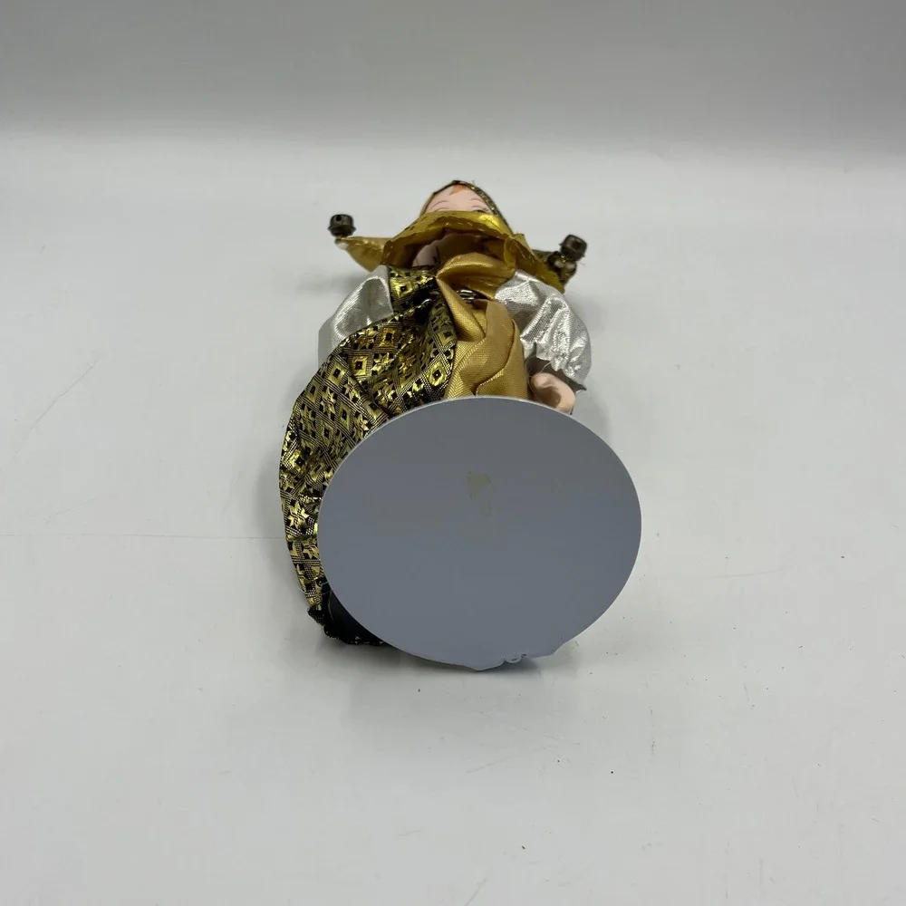 Vintage Porcelain Harlequin Jester Doll Gold Silver Metallic 8.5 Inch with Stand
